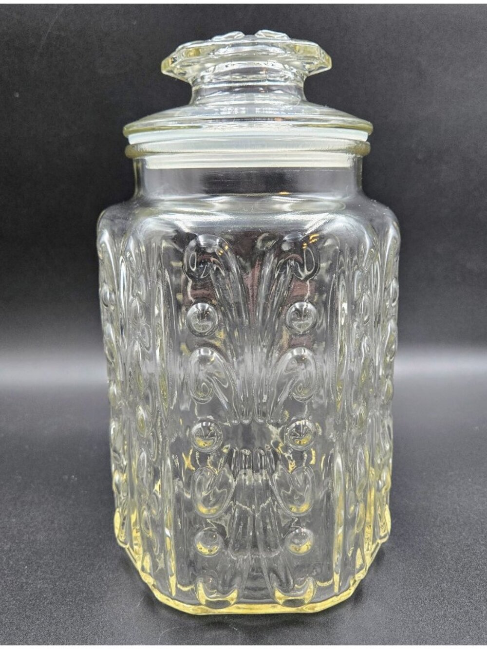 Vintage LE Smith Clear Glass Canister Atterbury Scroll Candy Cookie Jar Read